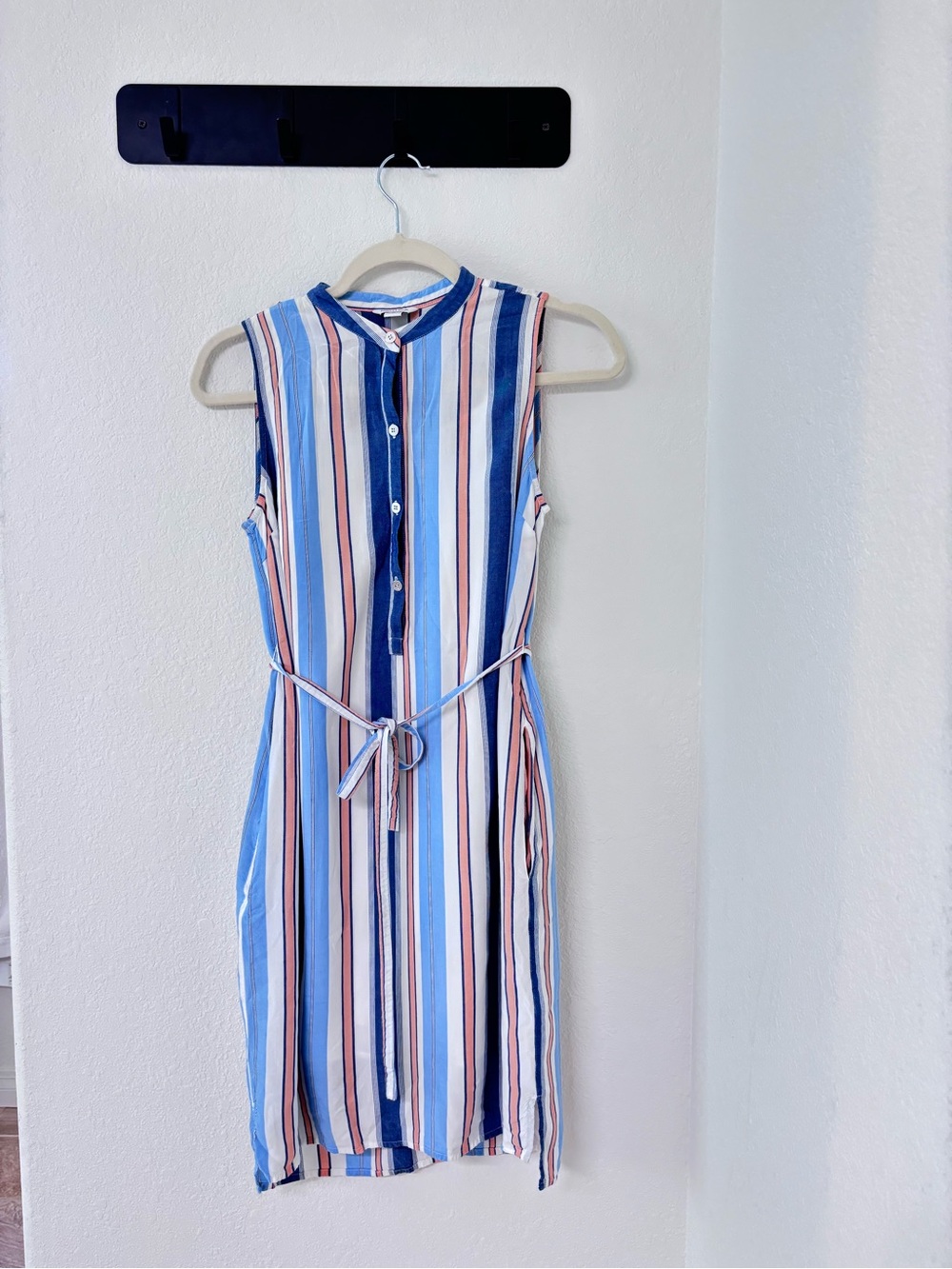 Nautica Sleeveless Vertical Stripe Shirt Dress in Blue, White & Tan